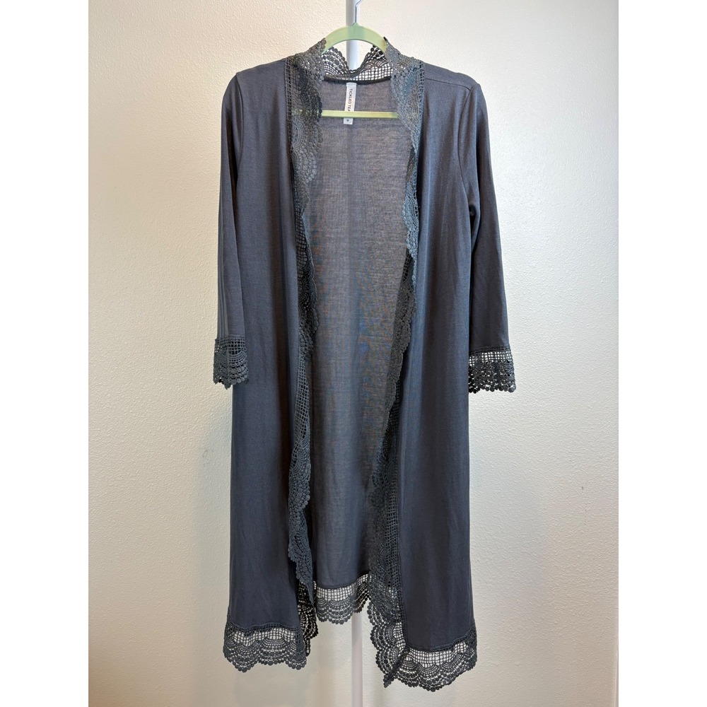 Tickled Teal Duster Cardigan Women Gray Crochet Lace Trim Medium Open Front Grey